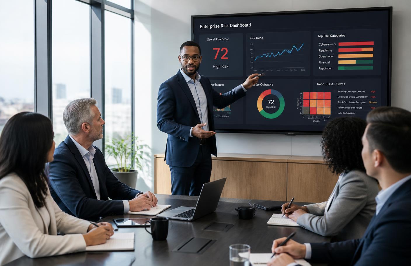 Executives reviewing a cyber risk report in a boardroom