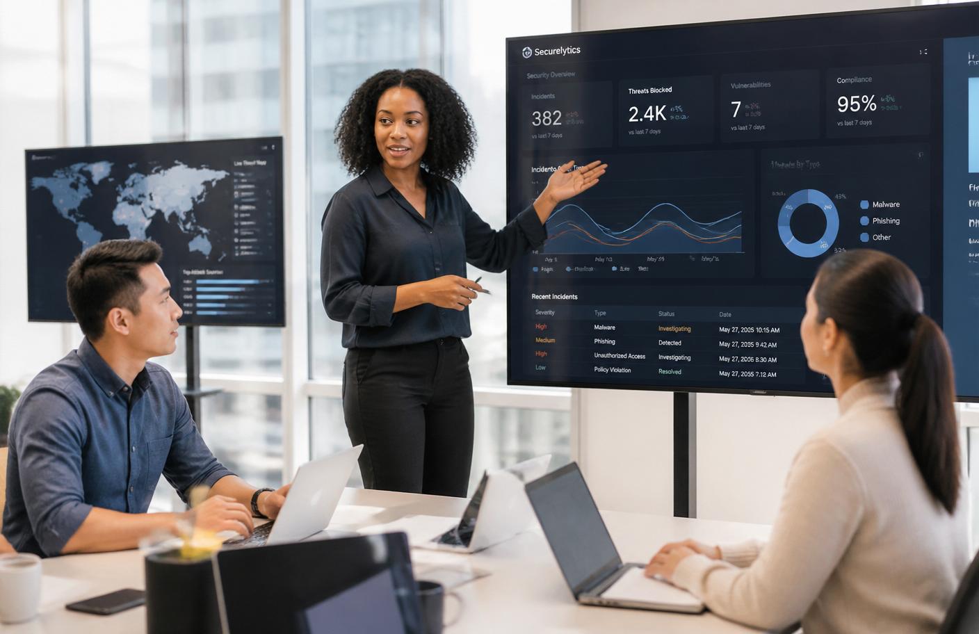 A diverse security operations team reviewing live vulnerability findings together